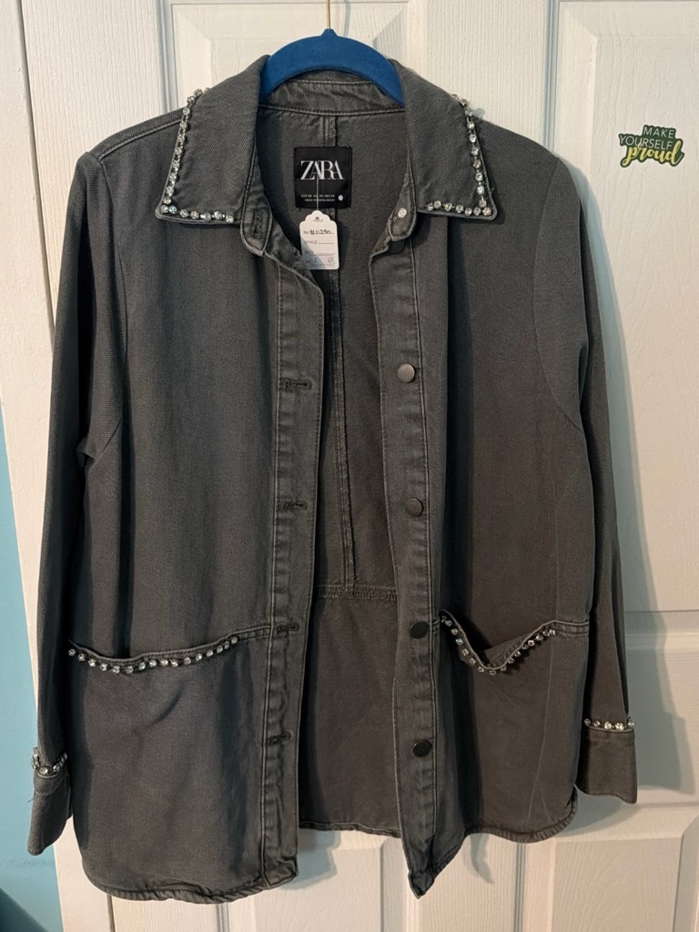 ZARA Charcoal Gray Embellished Denim Jacket